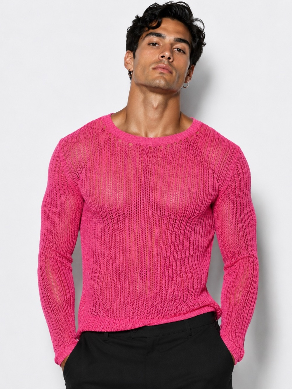 Mens Sweater Large Hot Pink Semi Sheer Stretch New in packaging Shein